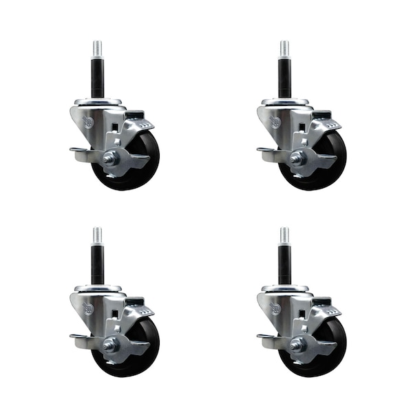 3'' SS Hard Rubber Swivel 3/4'' Expanding Stem Caster Set with Brake, 4PK